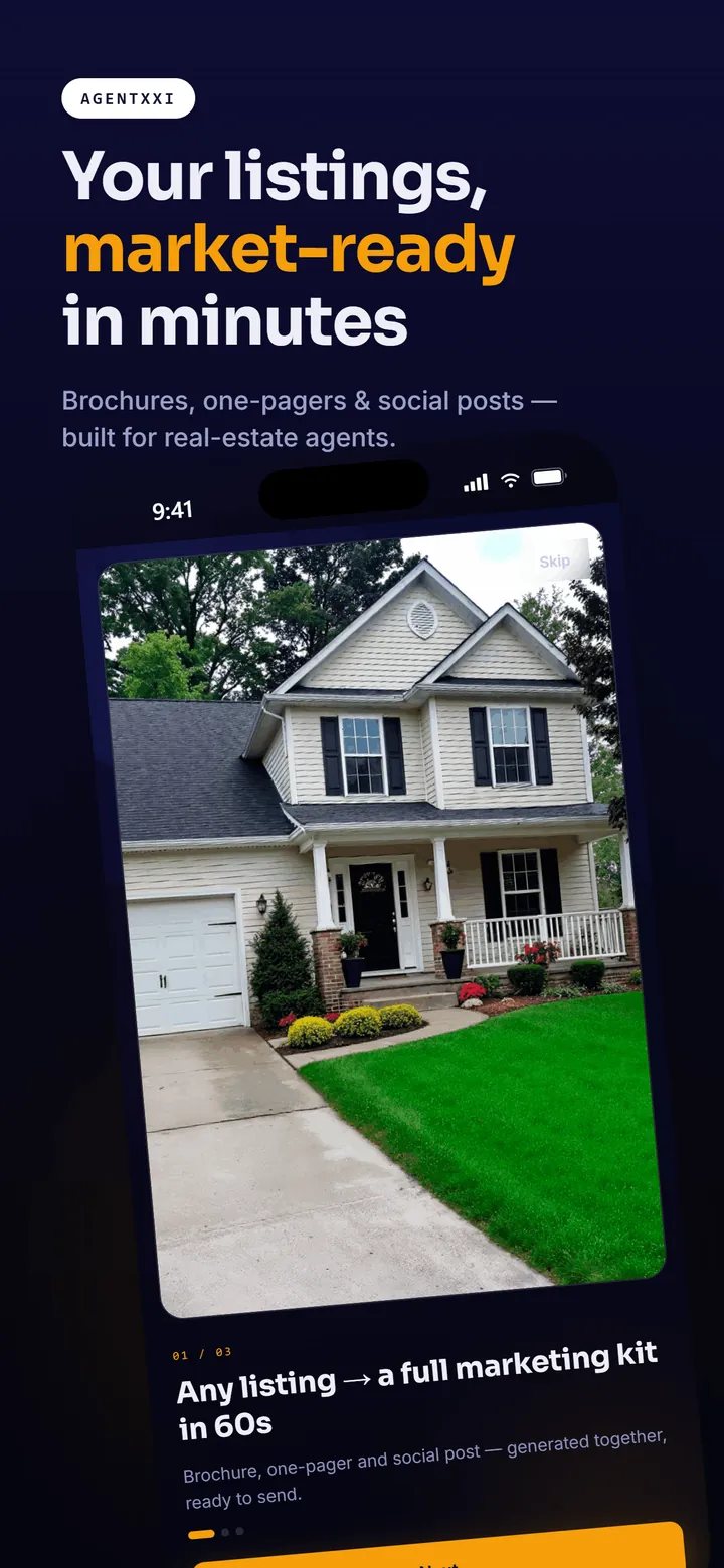 AgentXXI app screenshot: onboarding brand profile setup